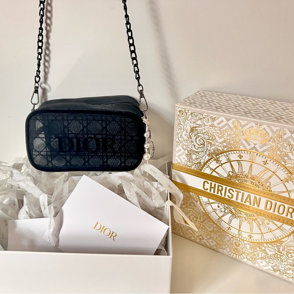 DIOR Beauty Black Mesh Crossbody Bag Cosmetic Makeup Chain Purse Straps w/ box